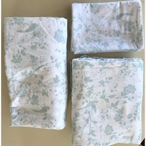 Laura Ashley QUEEN Sheet Set Soft Cottage Core Floral Birds White & Aqua 4PC